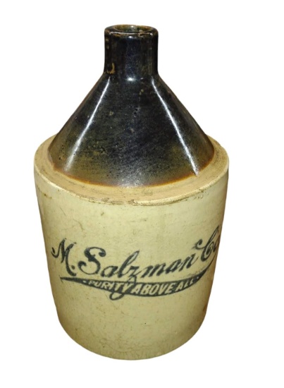1800'S SALZMAN CO. 12" STONEWARE JUG (No cracks - but has chipping - shown) - PICK UP ONLY