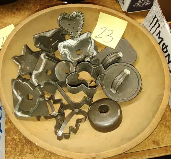 EARLY COOKIE CUTTER'S & WOODEN BOWL - PICK UP ONLY