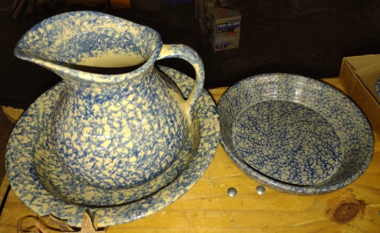 BLUE & WHITE SPONEWARE PITCHER & BOWL  - PICK UP ONLY