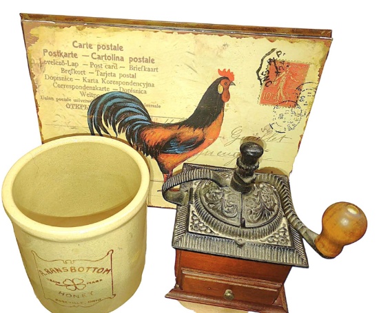COFFEE GRINDER, R.RANSBOTTOM HONEY CROCK, ROOSTER SIGN - PICK UP ONLY