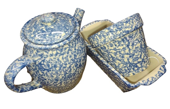 BLUE & WHITE SPONEWARE POTTERY with HENN - PICK UP ONLY