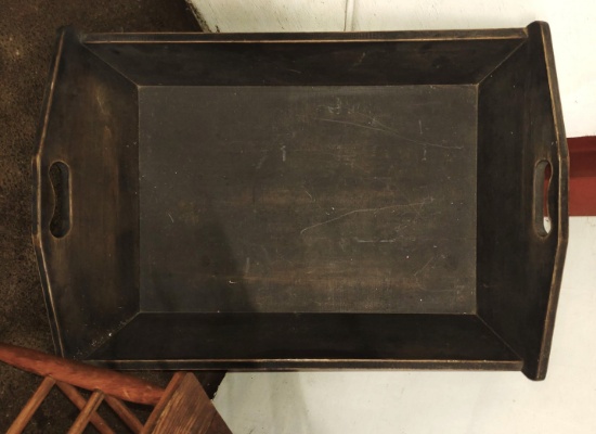 VERY LARGE PRIMITIVE STYLE BLACK WOODEN DOUBLE HANDLED TRAY -  PICK UP ONLY