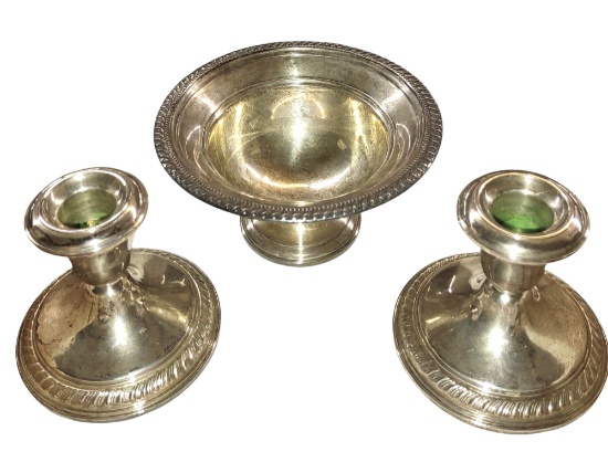 VINTAGE STERLING CANDLE HOLDERS & COMPOTE
