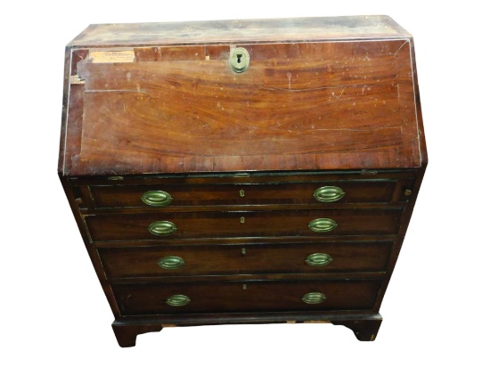 LARGE ANTIQUE SLANT FRONT DESK with UNUSUAL BRASS LOCK - NO KEY - VENEER DAMAGE- PICK UP ONLY
