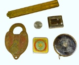 VINTAGE ADVERTISING TAPE MEASURES, PADLOCK & FOLDING RULE