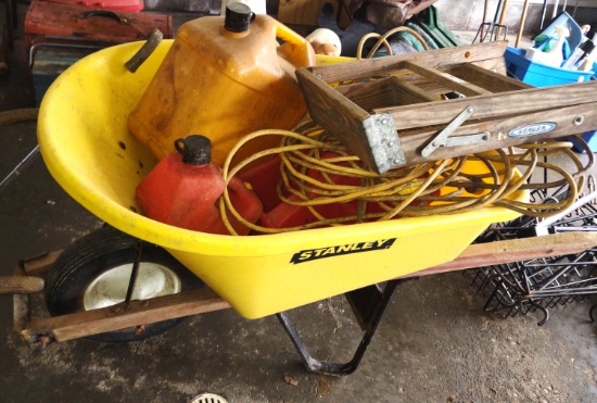 WHEELBARROW (HAS HOLE), FUEL CANS, 2 STEP LADDER, EXT. CORD - PICK UP ONLY