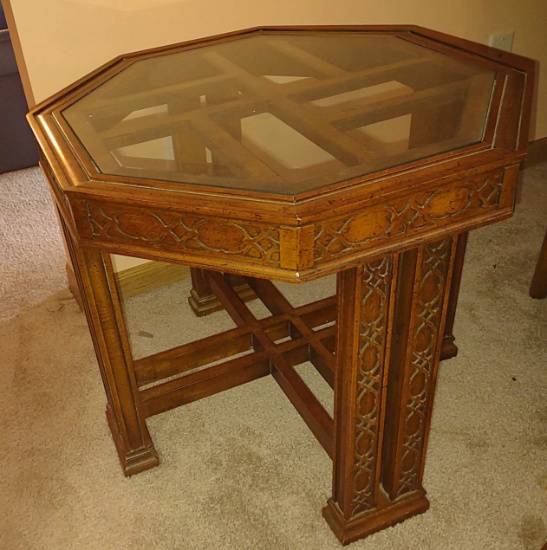 VINTAGE GORDON's ORIENTAL GLASS TOP SIDE TABLE - PICK UP ONLY