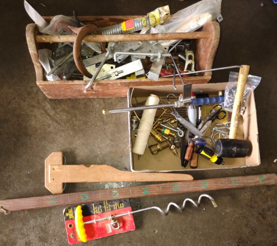 STEEL CHAIN GROUND STAKE, MISC. TOOLS, DOOR HARDWARE, TOTE, ETC. - PICK UP ONLY
