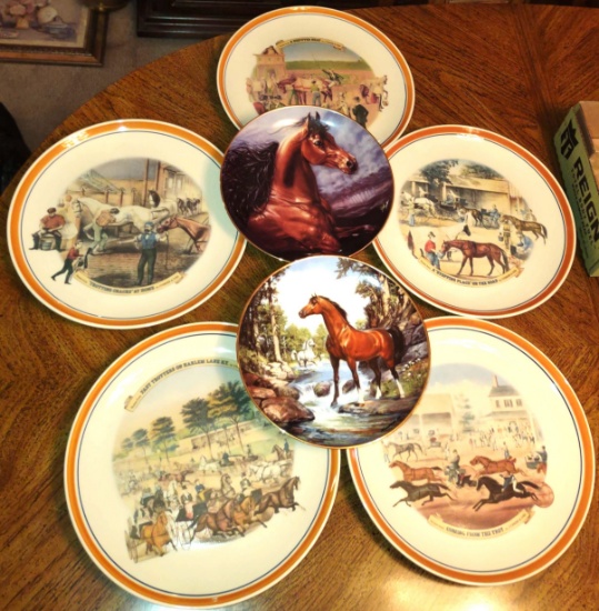 PAIR OF DANBURY MINT + SET OF 5 CURRIER & IVES HORSE PLATES - PICK UP ONLY