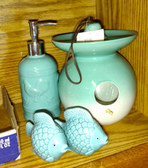 CERAMIC TURQUOISE BIRDHOUSE, FISH S&P & SOAP DISPENSER - PICK UP ONLY