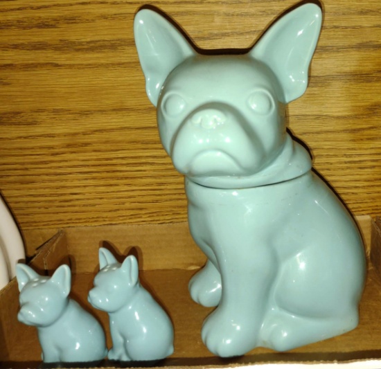TURQUOISE CERAMIC FRENCH BULLDOG COOKIE JAR + SALT & PEPPER - PICK UP ONLY