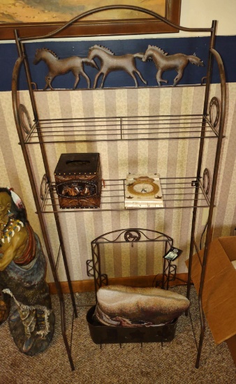 EQUESTRIAN LIGHT WEIGHT METAL SHELF, PILLOW & OTHER MISC. HORSE ITEMS - PICK UP ONLY
