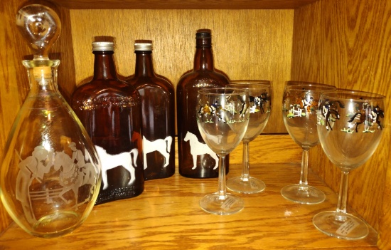 HAND PAINTED EQUESTRIAN WINE GLASSES, BOTTLES & ETCHED DECANTER - PICK UP ONLY