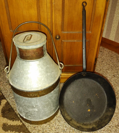 DECORATIVE GALVANIZED MILK CAN & SKILLET - PICK UP ONLY
