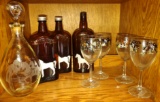 HAND PAINTED EQUESTRIAN WINE GLASSES, BOTTLES & ETCHED DECANTER - PICK UP ONLY
