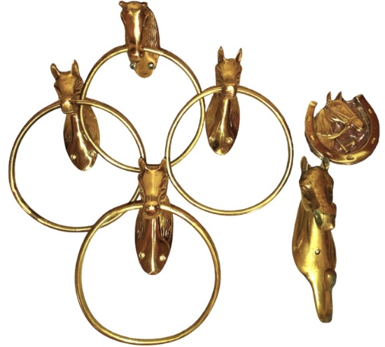 BRASS HORSE HEAD TOWEL HOLDERS, HOOK, DOOR KNOCKER