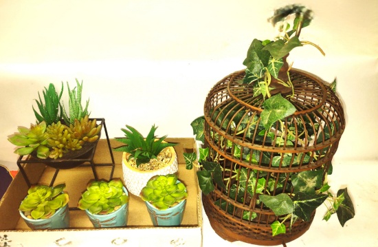 FAUX SUCCULENTS & FAUX BIRD CAGE+ PLANT. - PICK UP ONLY