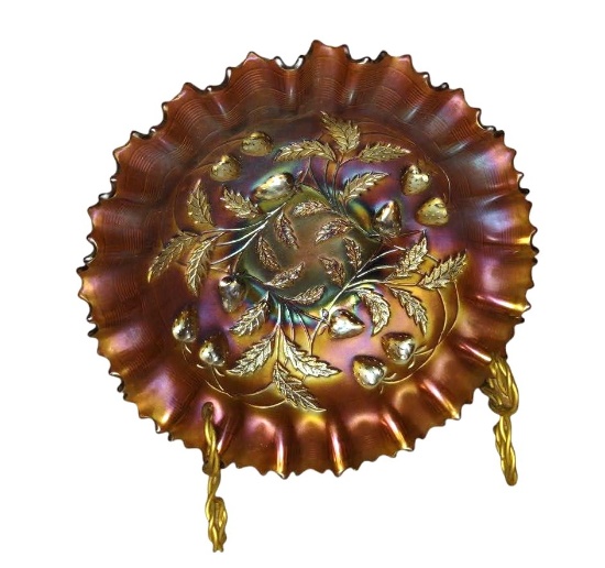 VINTAGE NORTHWOOD STRAWBERRY CARNIVAL GLASS RUFFLED EDGE BOWL