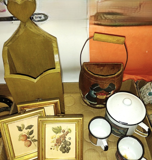 DECORATIVE WOODEN CANDLEBOX, ENAMEL CUPS, ETC. - PICK UP ONLY