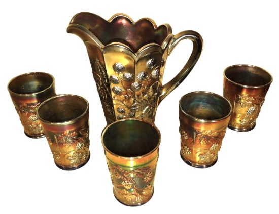 NORTHWOOD RASPBERRY with BASKET WEAVE CARNIVAL GLASS WATER PITCHER & TUMBLERS - PICK UP ONLY