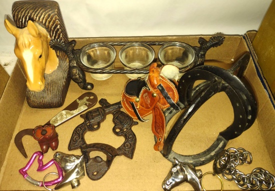 DECORATIVE HORSE ITEMS & HORSESHOE BOOKENDS - PICK UP ONLY