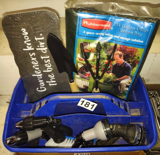 TOTE OF GARDENING + HOSE ITEMS - PICK UP ONLY