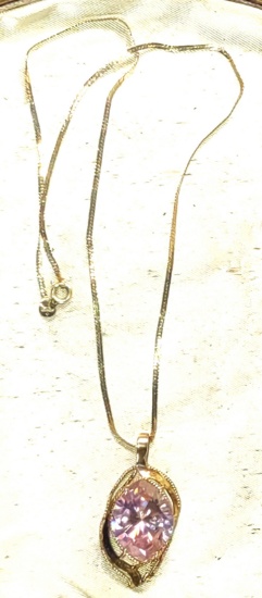 14K GOLD 16" NECKLACE & 10K PENDANT with 1" PINK STONE (CHAIN-1.7 GRAMS, PENDANT 6+GRAMS)