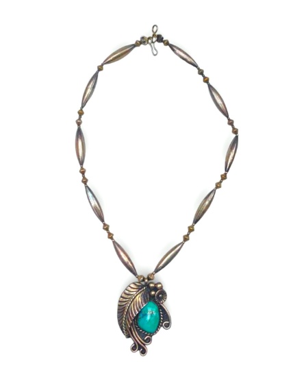 VINTAGE STERLING & TURQUOIS JIM RED FEATHER NECKLACE - 28 GRAMS