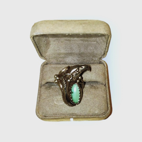 VINTAGE STERLING SILVER & TURQUOIS EAGLE RING - 14+ GRAMS