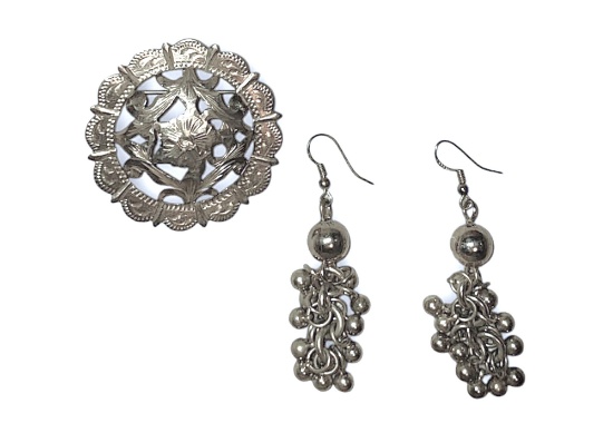 VINTAGE STERLING SILVER BROOCH & EARRINGS - 31+ GRAMS