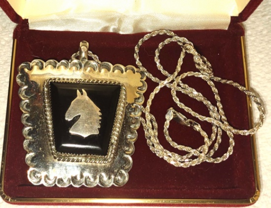 LARGE VINTAGE STERLING SILVER HORSE PENDANT & 30" STERLING CHAIN - 48+ GRAMS