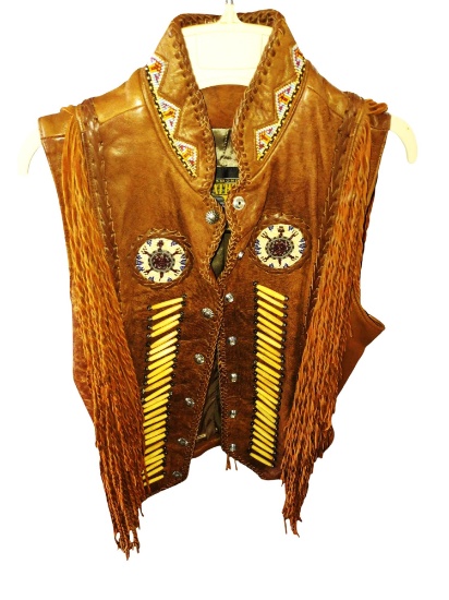 VINTAGE DIAMOND LEATHER WESTERN VEST with BEADWORK & FRINGE