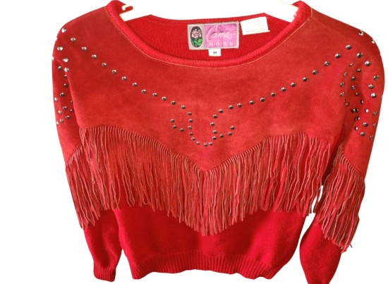 VINTAGE CAMEO ROSE WESTERN SWEATER with LEATHER & FRINGE - SIZE MEDIUM