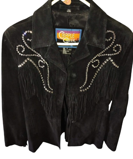 VINTAGE CRIPPLE CREEK WESTERN SUEDE LEATHER JACKET with FRINGE & BEADS - SIZE SMALL