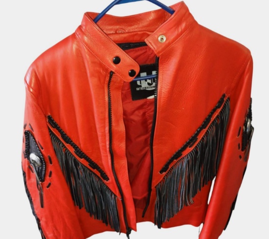 VINTAGE UNIK INTERNATIONAL RED & BLACK LEATHER FRINGED JACKET - SIZE SMALL