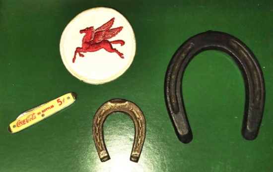 VINTAGE MOBIL OIL PEGASUS PATCH, COCA-COLA POCKET KNIFE & MINIATURE HORSESHOE