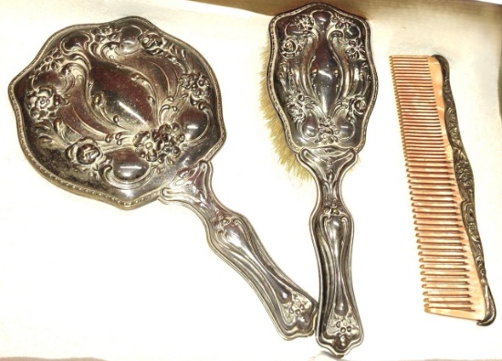 ANTIQUE DRESSING MIRROR, BRUSH & COMB