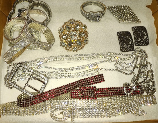 RHINESTONE STYLE BELTS, BRACELETS, LARGE BELT BUCKLE, CLIPS