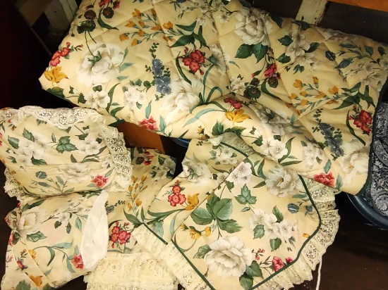 QUEEN SIZE BEDSPREAD, DUST RUFFLE, PILLOW, SHAMS, ETC., LAUNDRY BASKET -  PICK UP ONLY