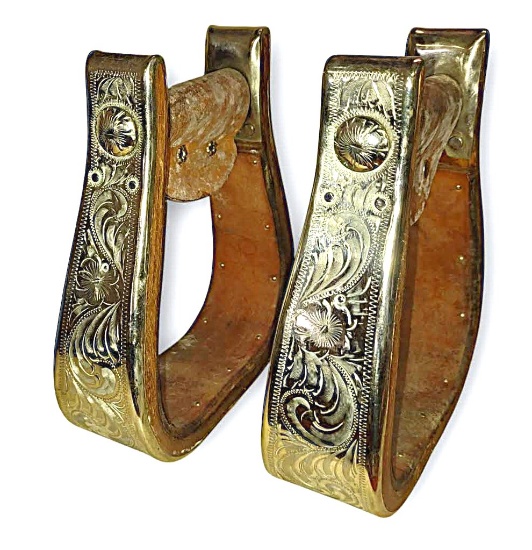 VINTAGE SILVER OVERLAY ENGRAVED HORSE STIRRUPS