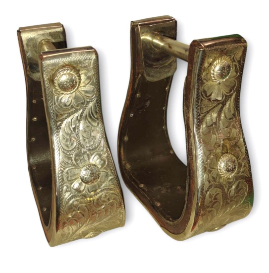 VINTAGE SILVER ENGRAVED HORSE STIRRUPS