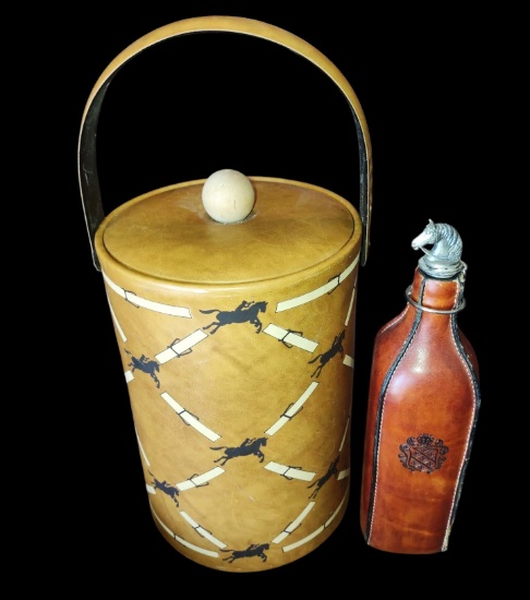 VINTAGE GEORGE BRIAR EQUESTRIAN ICE BUCKET & LEATHER WRAPPED BOTTLE