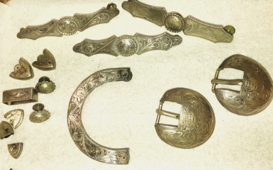 VINTAGE MEXICO ENGRAVED SILVER OVERLAY WESTERN ACCENTS