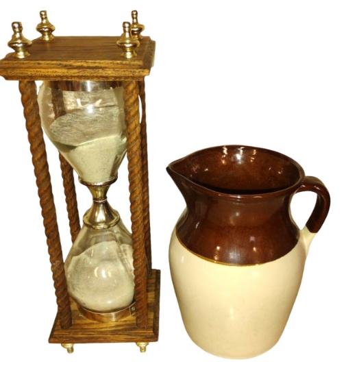 LARGE HOUR GLASS & STONEWARE PITCHER - PICK UP ONLY