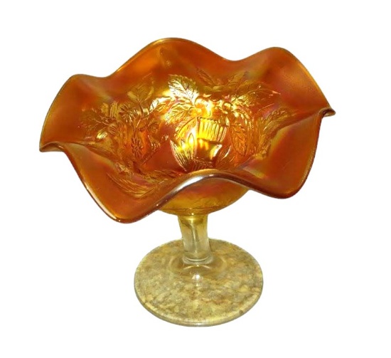 VINTAGE FENTON PEACOCK & URN MARIGOLD CARNIVAL GLASS RUFFLED COMPOTE