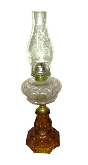 LARGE 12" ANTIQUE AMBER BASE KERO OIL LAMP - PICK UP ONLY