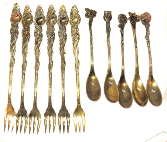 ANTIQUE SILVER PLATE SEAFOOD FORKS & DEMITASSE SPOONS