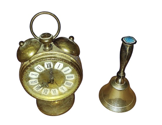 MINIATURE VINTAGE ALARM CLOCK & ENAMEL TIP BELL