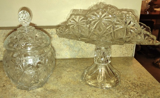 VINTAGE PATTERN GLASS BANANA BOAT & COVERED SUGAR - PICK UP ONLY