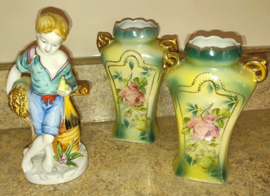 PAIR OF HAND DECORATED VASES & FIGURINE - PICK UP ONLY